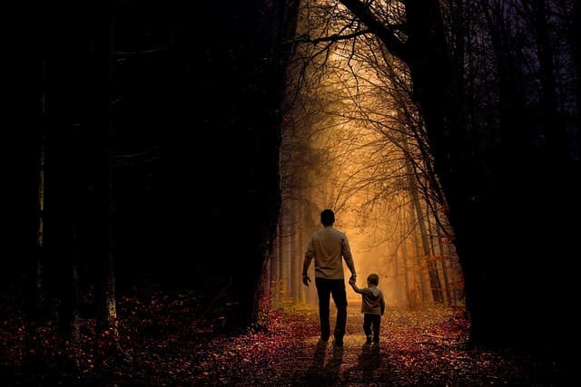 Father and son walking through Dark Automn woods