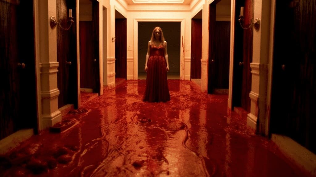 Stephen King's Carrie like girl in a hotel corridor full of blood on the floor
