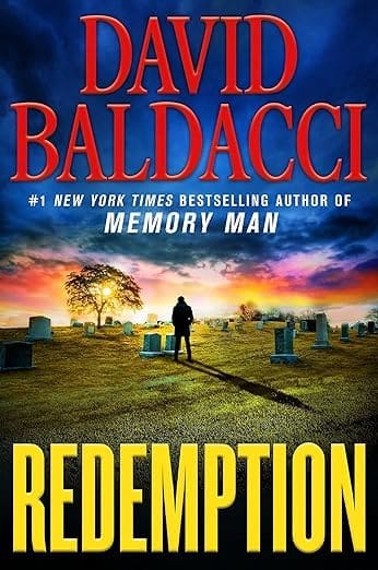 Man with shadow between gravestones on the cover of David Baldacci's Redemption, book 5 in Amos Decker series