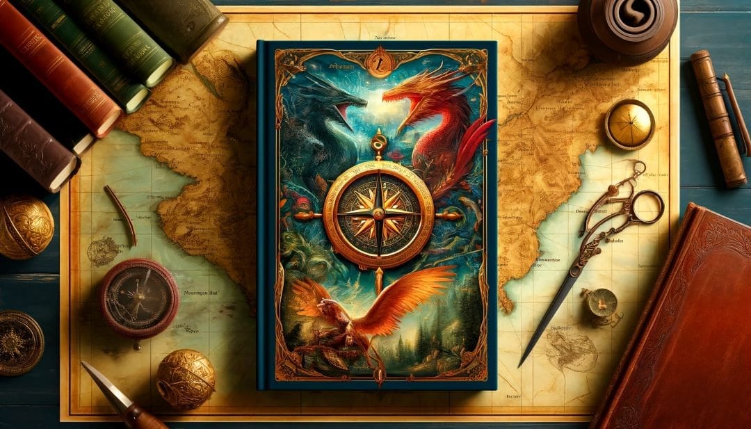Book with compass and dragons symbolizing the fiction category